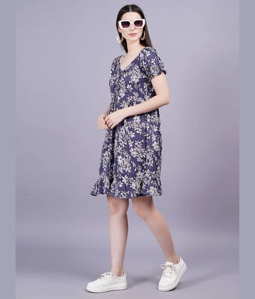 HIGHLIGHT FASHION EXPORT Women Rayon Printed Fit & Flare Dress ( Navy Blue )