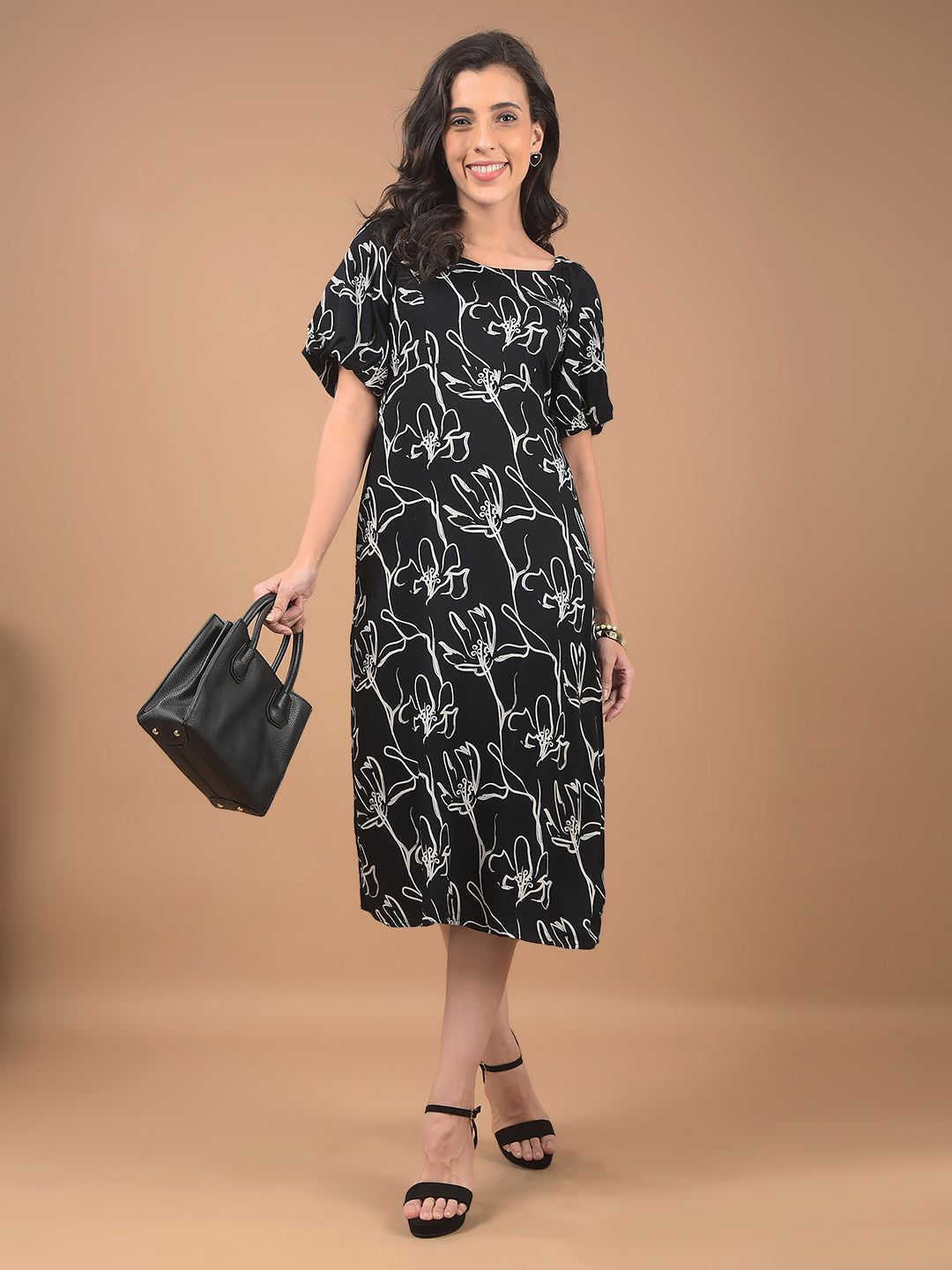 Black Floral Print Square Neck Midi Length Dress-L / Black