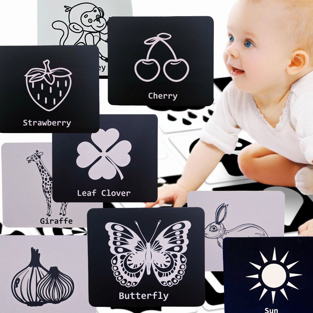 TOYJOS Flash Cards for Babies and Infants | High Contrast Double Sided Jumbo Pictures | Visual Stimulation | Cognitive,Visual and Language Development Tools | Ideal for 0 to 12 Months (32 Pictures)
