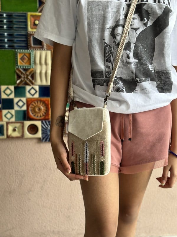 KRI India Raw Bloom Signature Hand embroidered Wallet Sling | Jute & Off-White  | 7.5x5.5 inches  | Wash & Care | 100% Cotton | Handcrafted in India. 100% organic & natural.