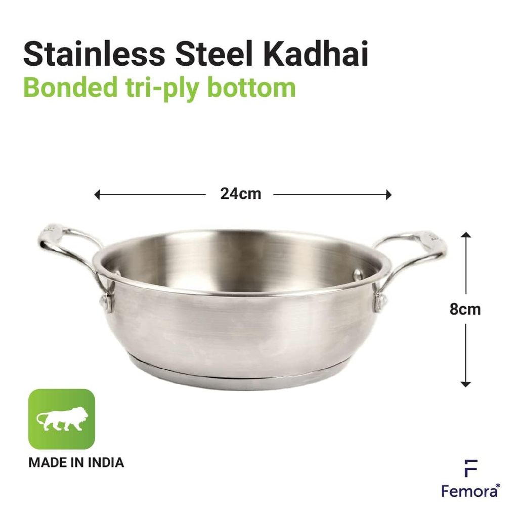 Femora Bottom Triply Stainless Steel 2 Pc Cookware Set, 24 cm Indian Kadai, 20 cm Frypan, Even and Fast Heating, Induction Bottom, Gas Ready, Silver