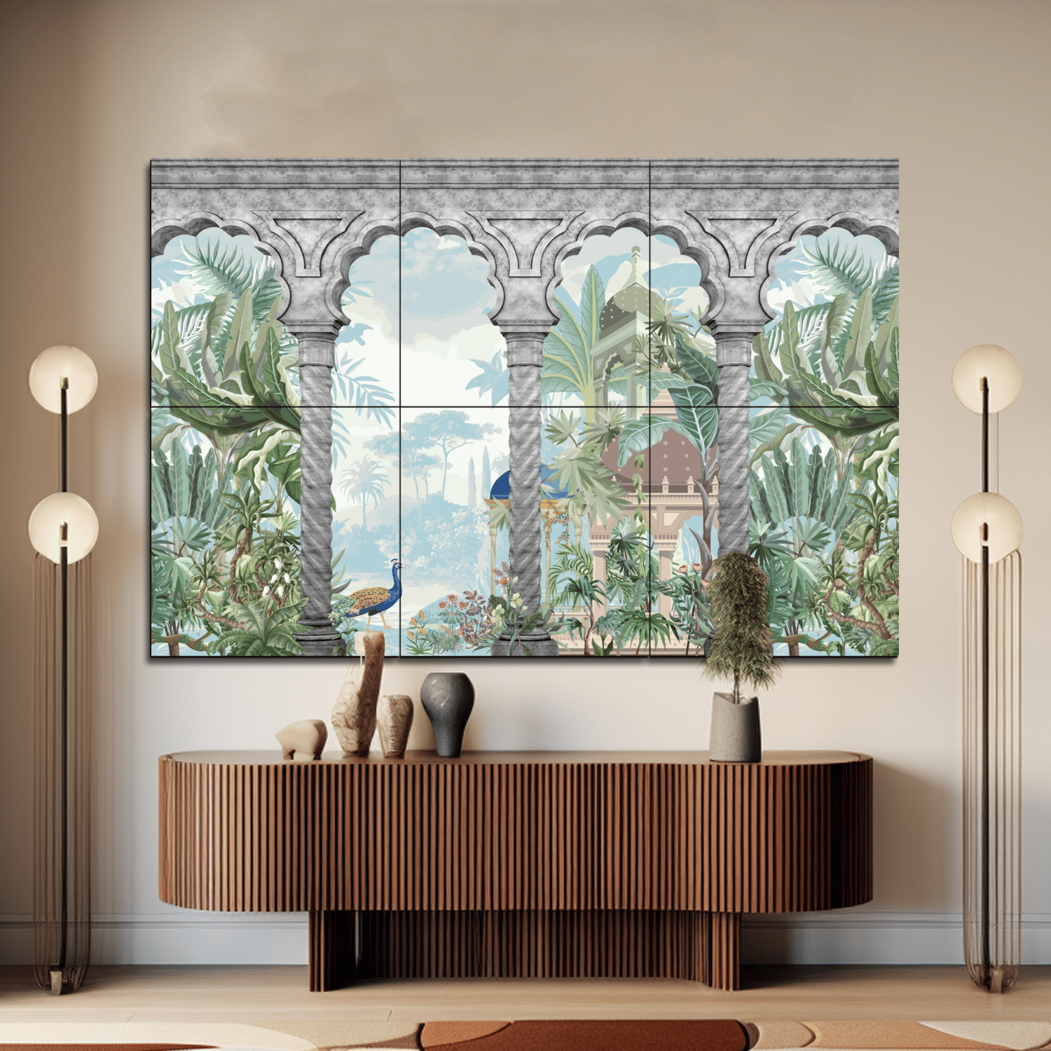 Historical Indian Landscape Wood Print Luxurious Wooden Wall Tiles Set-2 X 3 Feet