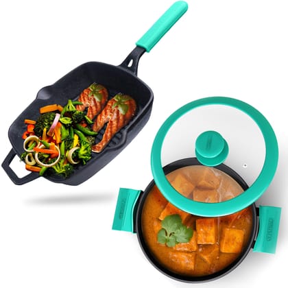 GEMMA CAST IRON KADAI WITH LID PLUS GRILL PAN COMBO-Kadai 3 liter / Green