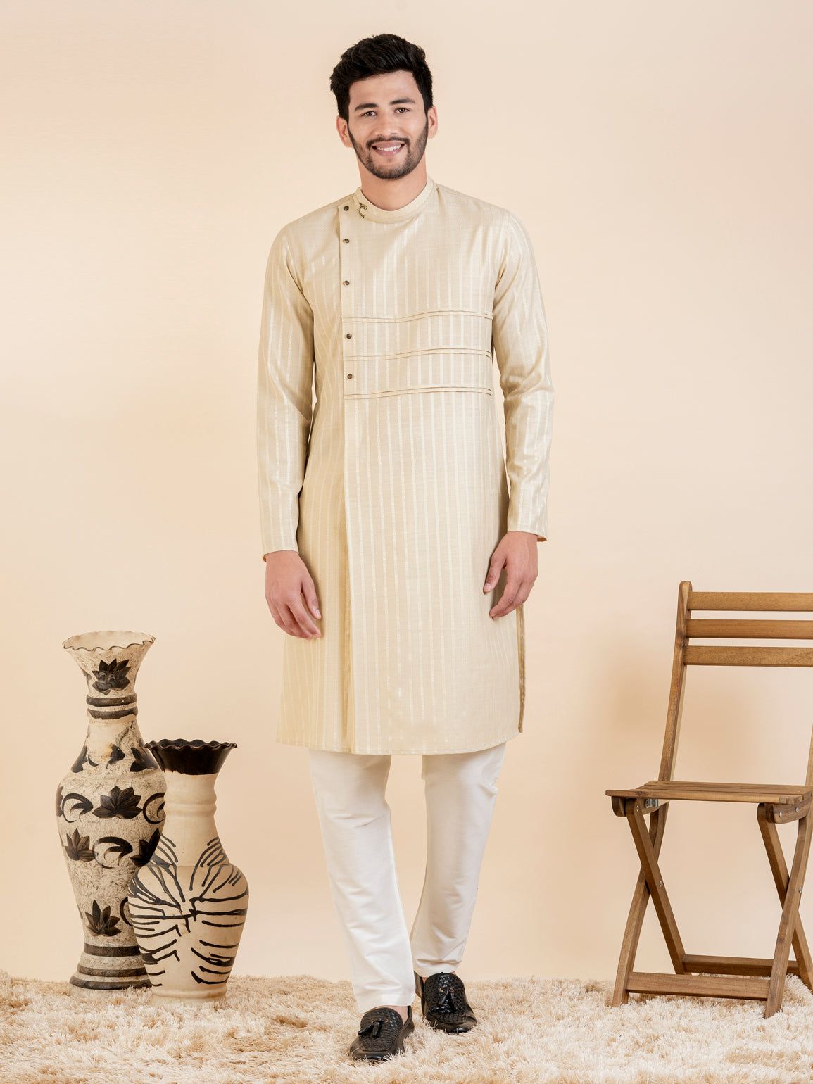 Beige Self Design Side Placket Cotton Kurta Set-Made To Measure / Only Kurta - No Lowers