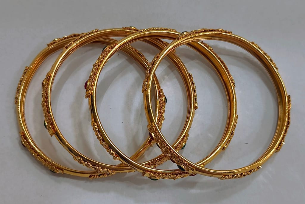 Gold Plated Bangles Set of 4 with Ruby and Emerald Stones