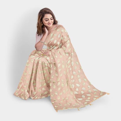 TheHangr Orange Chiffon Saree With Golden Leaves And Running Pallu
