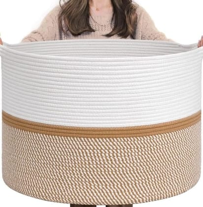 Generic Cotton Dori 16x14 Inch Storage Basket For Clothes With Out Lid (White-Beige-White)-PID66466