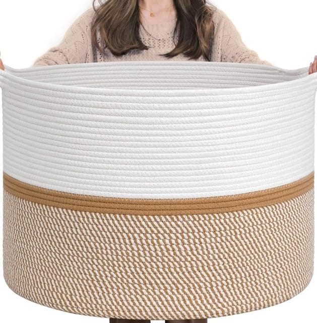 Generic Cotton Dori 16x14 Inch Storage Basket For Clothes With Out Lid (White-Beige-White)-PID66466