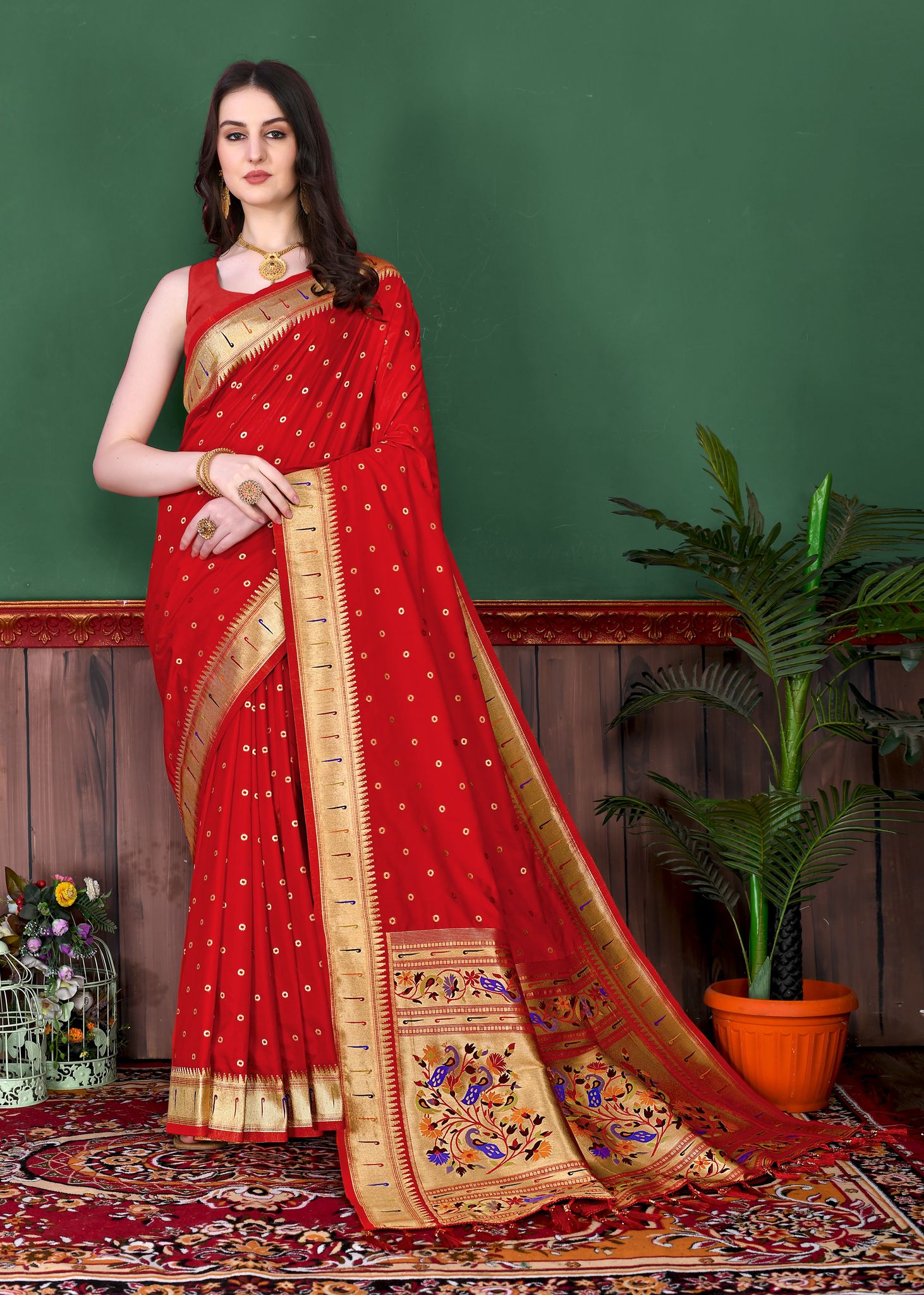 Yavira silk Women's Red Handwoven Jacquard Saree