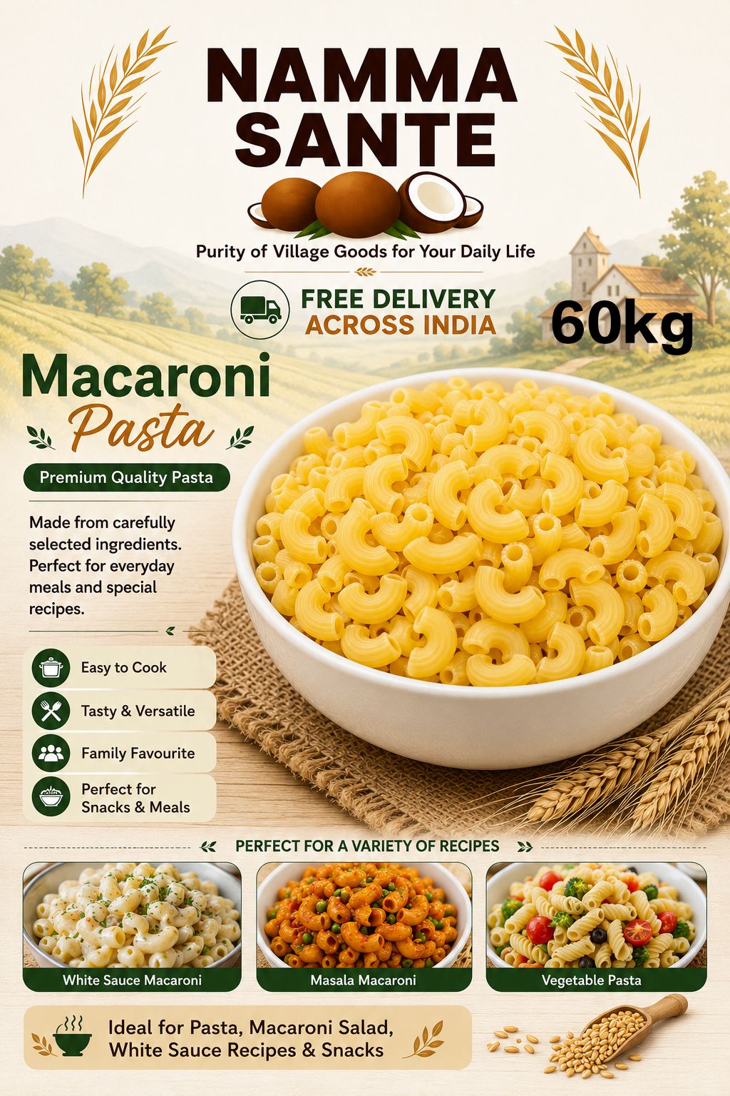 Macaroni Pasta, Elbow Macaroni, Elbow Pasta, Maccheroni, Pasta Macaroni 60kg
