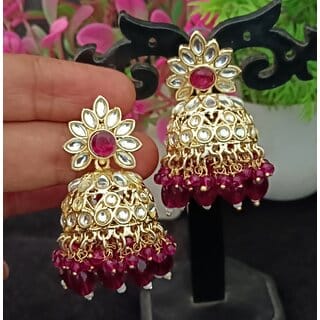 Wine CZ Monalisa Stones with Precious Pearls Jhumki Earrings Set