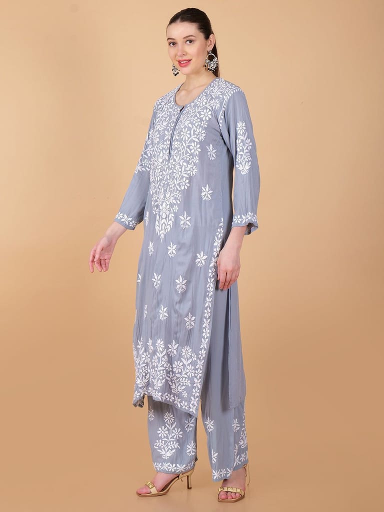 Pure Modal Heavy Bota Pattern hand embroidered Chikankari Kurta Set -Grey