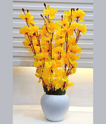 REAL PBR - Yellow Cherry Blossom Artificial Flowers With Pot ( Pack of 1 )