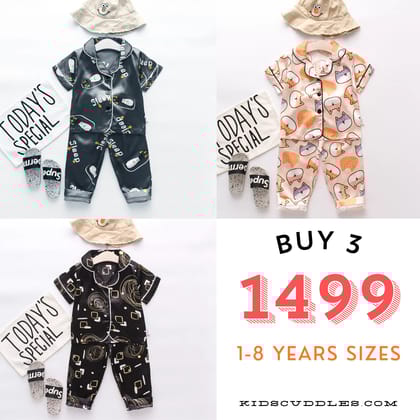 3 NIGHT SUITS COMBO FOR BOYS AND GIRLS (PRINTED DESIGN ALL)-1-2 YEARS
