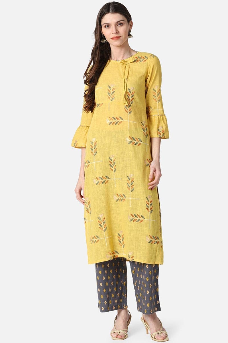 Yellow Cotton Ethnic Motifs Kurta Set VKSET1028