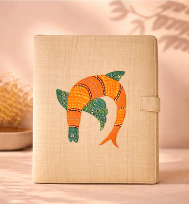 Handcrafted Traditional Gond Art Fabric File Folder – Colourful Fish Motif