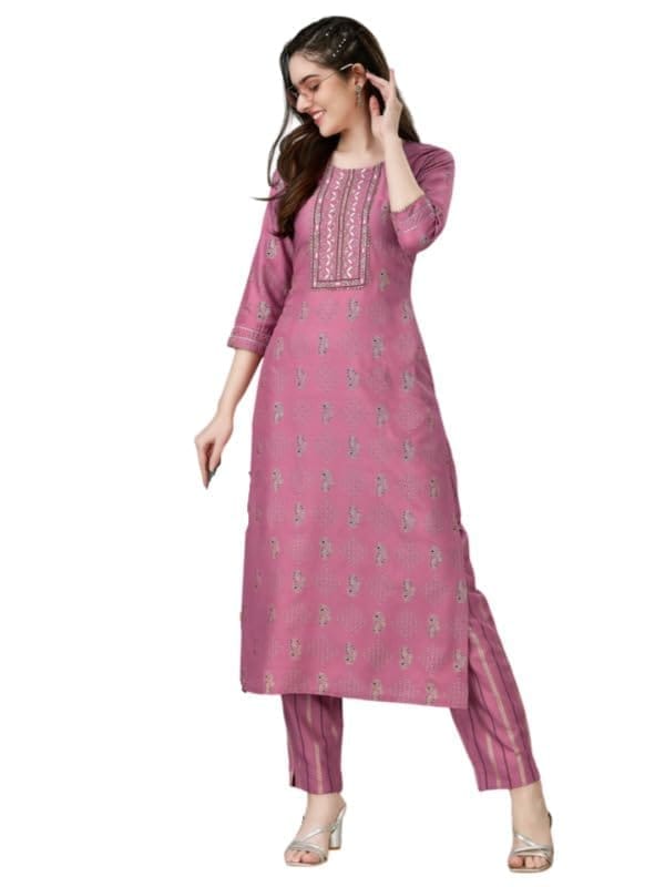 Women's Casual 3-4 th Sleeve Embroidery Rayon Kurti Pant Set (Purple, S)-PID50289