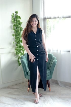 Luxe Denim Black Button Up Skirt Set-M