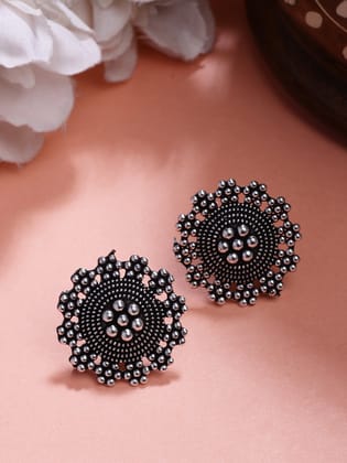 NVR Women's Silver Plated Oxidized Round Shape Traditional Stud Earrings-One Size / Silver / German Silver