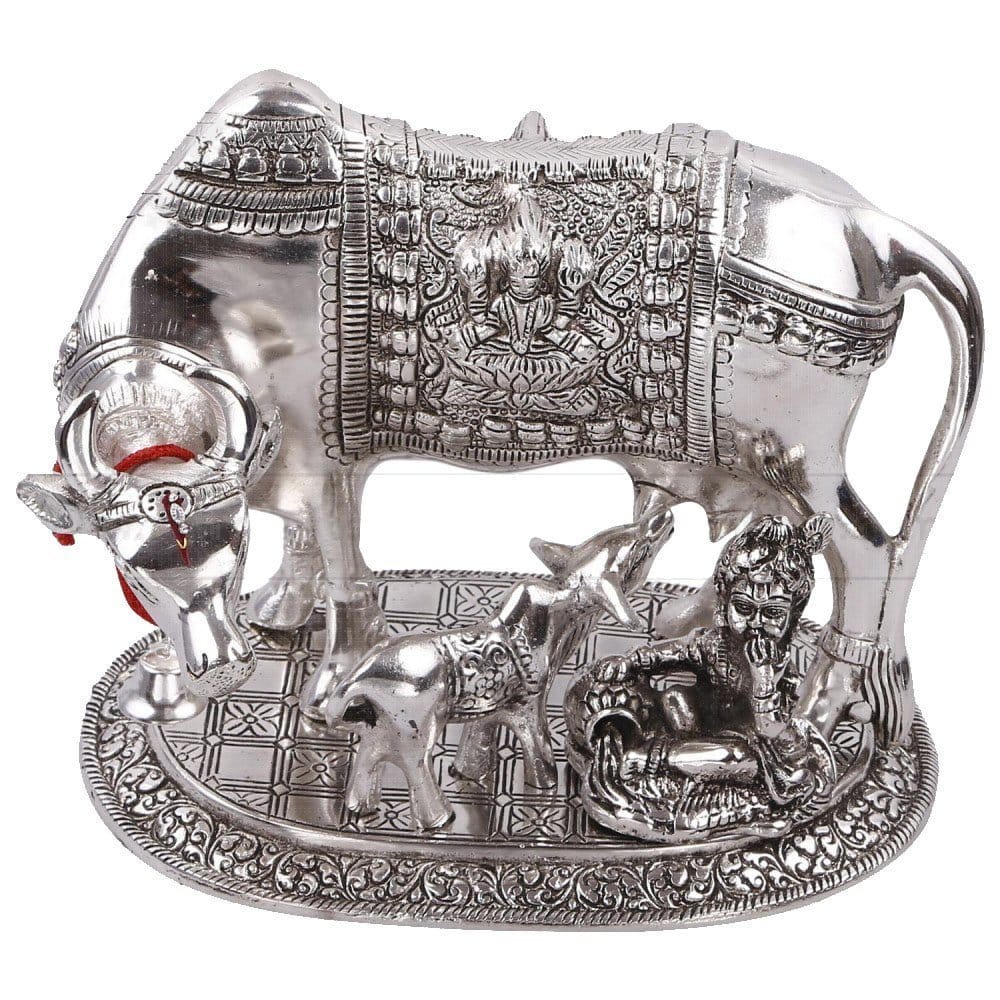 DreamKraft Metal Gold Elegant Kamdhenu cow and calf With Krishna showpiece idol For Home Decor and Gift