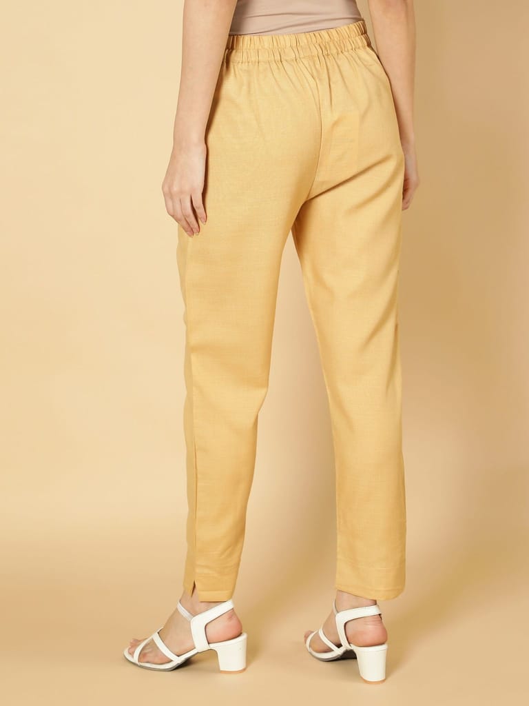 Women Solid Plain Cotton Trouser Pant (Beige)