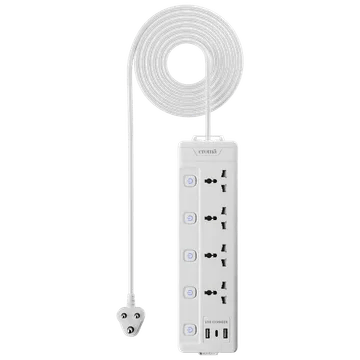 Croma 6 Amps 4 Sockets Surge Protector (2 Meters, Child Safety Shutters,White)