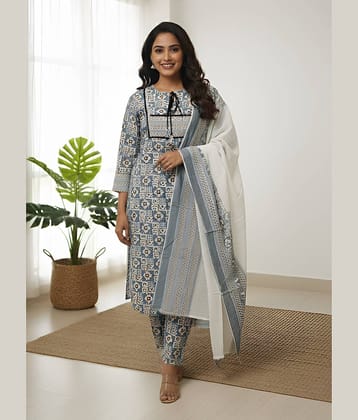 Yash Gallery Women Cotton Printed Straight Kurti With Pants ( Grey )