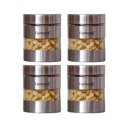 Femora Clear Glass Steel Metallic Jars for Kitchen Storage, 700 ML - Set of 4, Free Replacement of Lids