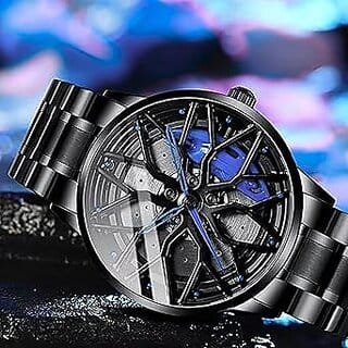 Spinning Car Wheels Gyro Men's Sport Watch Rotating Wheel Blue Dial Metal Strap Analog Luxury Watches for Boy's and Men