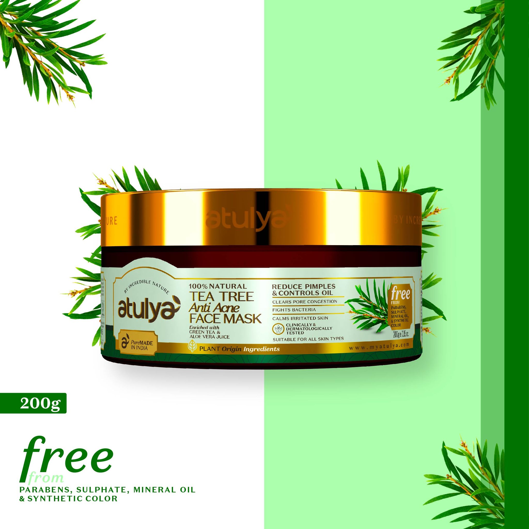 Atulya Tea Tree Anti-Acne Face Mask | Reduces Pimples and Controls Oil - 200gm