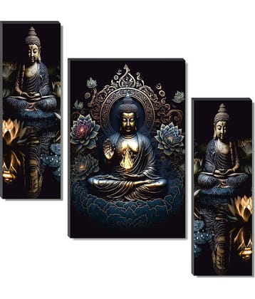 Livin'luxe Set of 3 Royal Buddha Wall Painting with Lotus Flame | Golden Aura Spiritual Art