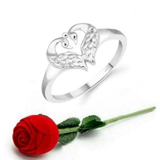 VFJ Cute Mayur Heart CZ Rhodium Plated Ring   with Scented Velvet Rose Ring Box for women and girls and your Valentine.