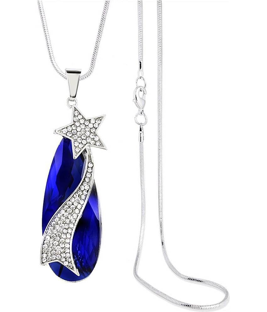 The Jewelbox® Sweater Latest Star Cz Crystal Blue Rhodium Stylish Party Wear Long Necklace Pendant Chain Girls Women