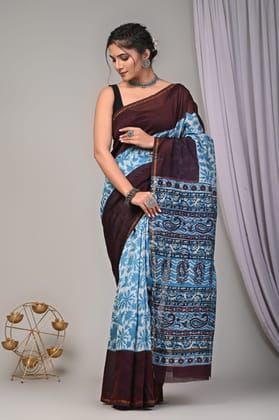 Hand block printed chanderi silk Sarees with blouse