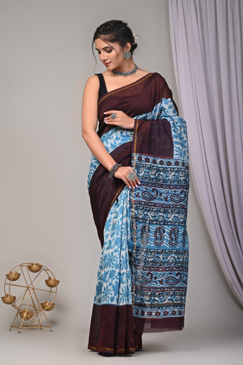Hand block printed chanderi silk Sarees with blouse