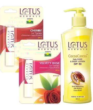 Lotus Herbals Winter Kit Cocoacaress Body Lotion 250ml , Cherry 3.5g , Velvety Rose 3.5g (Pack of 3)