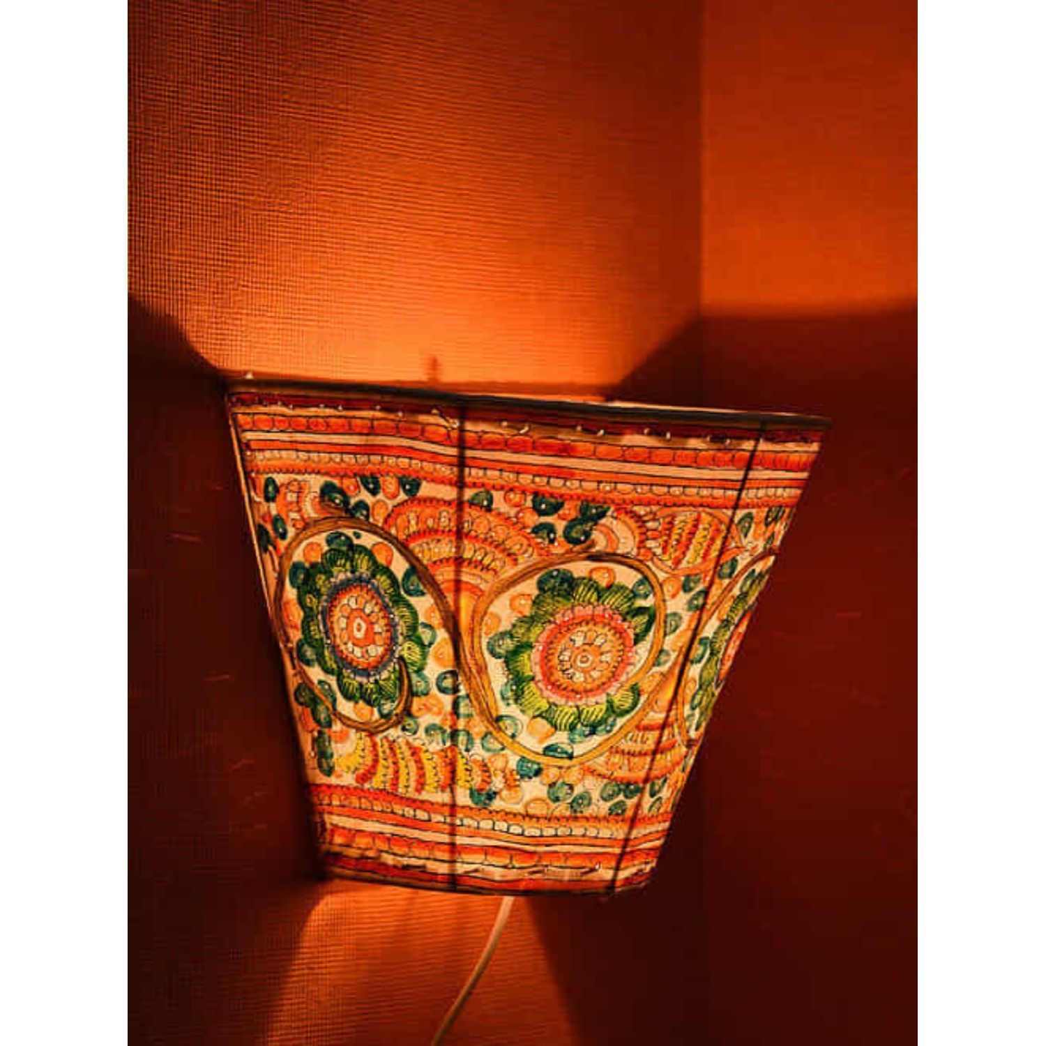 Poetic Peacock Kalamkari Handpainted Wall Mount Leather Lamp -8.5 Inch