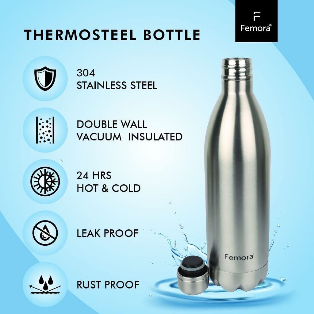 Femora Everest Stainless Steel Double Walled Flask Bottle, Hot and Cold, 1000ml, 1 Piece, Silver