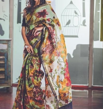 Party Wear Linen Multi color Digital Printed Sari 1013