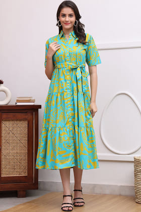 Blue Color Abstract Printed Cotton Ethnic Dress-S