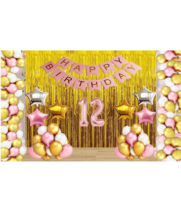 Jolly Party  Rose Gold Balloons with Happy Birthday Decoration Items /Happy Birthday Pink Banner Set of 13 Letters ,30 HD Metallic Pink , Gold & White Balloons ,2 Gold , 2 Silver & 2 Rose Gold star Foil Balloons ,2 Gold Curtains Fringe