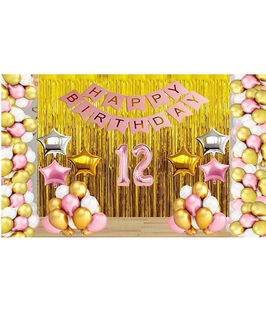 Jolly Party  Rose Gold Balloons with Happy Birthday Decoration Items /Happy Birthday Pink Banner Set of 13 Letters ,30 HD Metallic Pink , Gold & White Balloons ,2 Gold , 2 Silver & 2 Rose Gold star Foil Balloons ,2 Gold Curtains Fringe