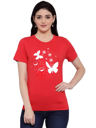 Women's Cotton Blend Butterfly With Star Printed T-Shirt L (Red)