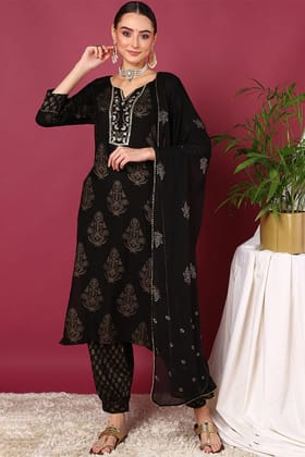 Plus Size Black Viscose Rayon Solid Woven Design Straight Suit Set PKSKD2131