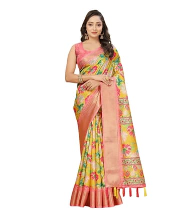 Women's Cotton Silk Floral Printed Saree With Unstitched Blouse 5.5Mtr (Yellow)-PID66512