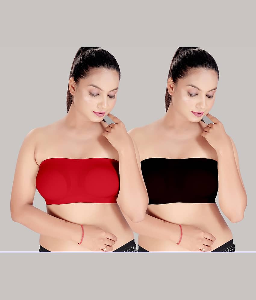 HAYA Pack of 2 Polyester Women's Strapless Bra ( Multicolor ) Nima Tube air Bra Red and Black