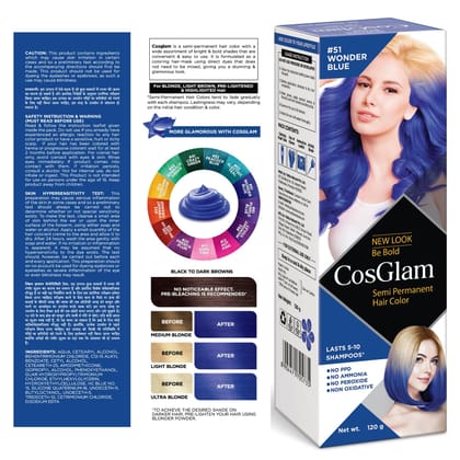 COSGLAM Semi Permanent Hair Color, No Peroxide, Non Oxidative, Ammonia Free Hair Colour 51 Wonder Blue - 120gm