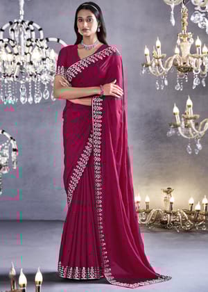 Carmine Pink Woven Embroidered Satin Silk Saree