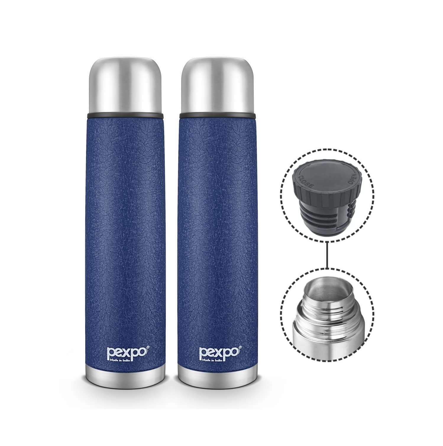Pexpo Stainless Steel 24 Hours Hot & Cold Water ISI Certified Flask/ISI Certified Flask with Jute Bag, 500ml, Pack of 2, Blue, Flexo | Durable & Odorless