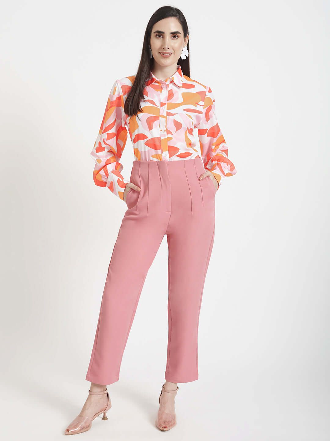 Premium Micro Digital Print Puff Sleeve Shirt With Blush Pink Pleated Fit Trouser-M / 28
